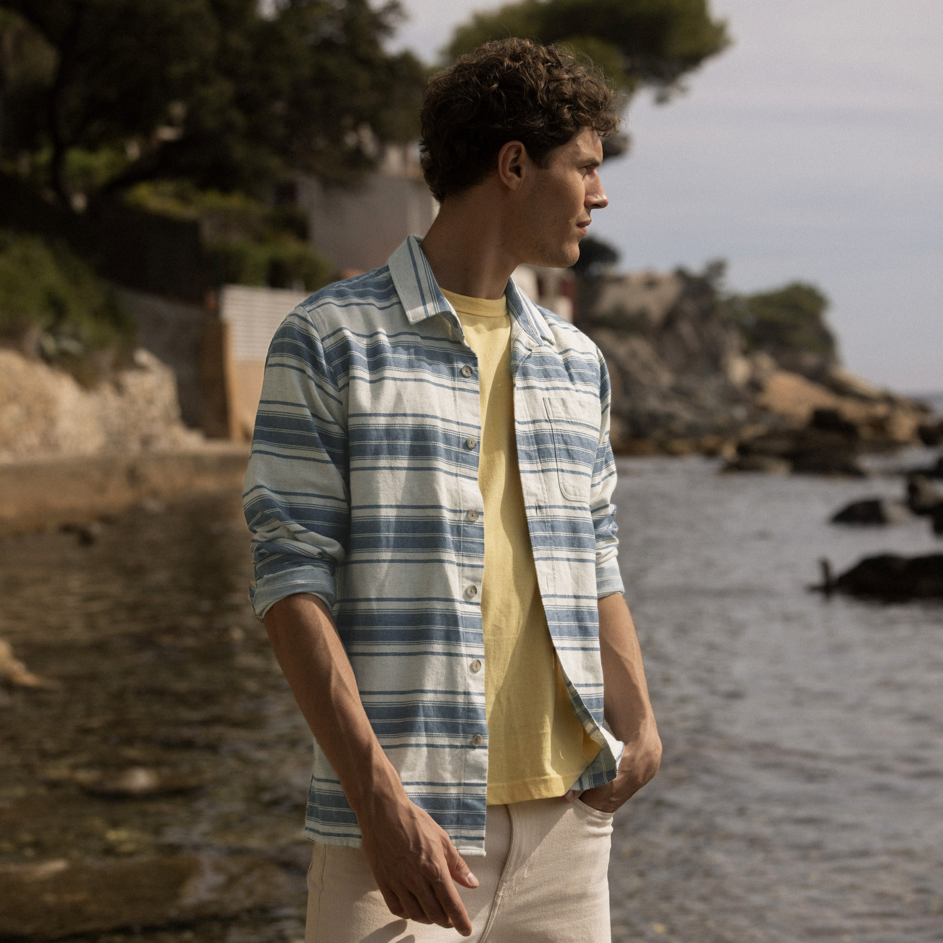 Chemise rayée bleu marine & écrue coton & lin - modèle signy