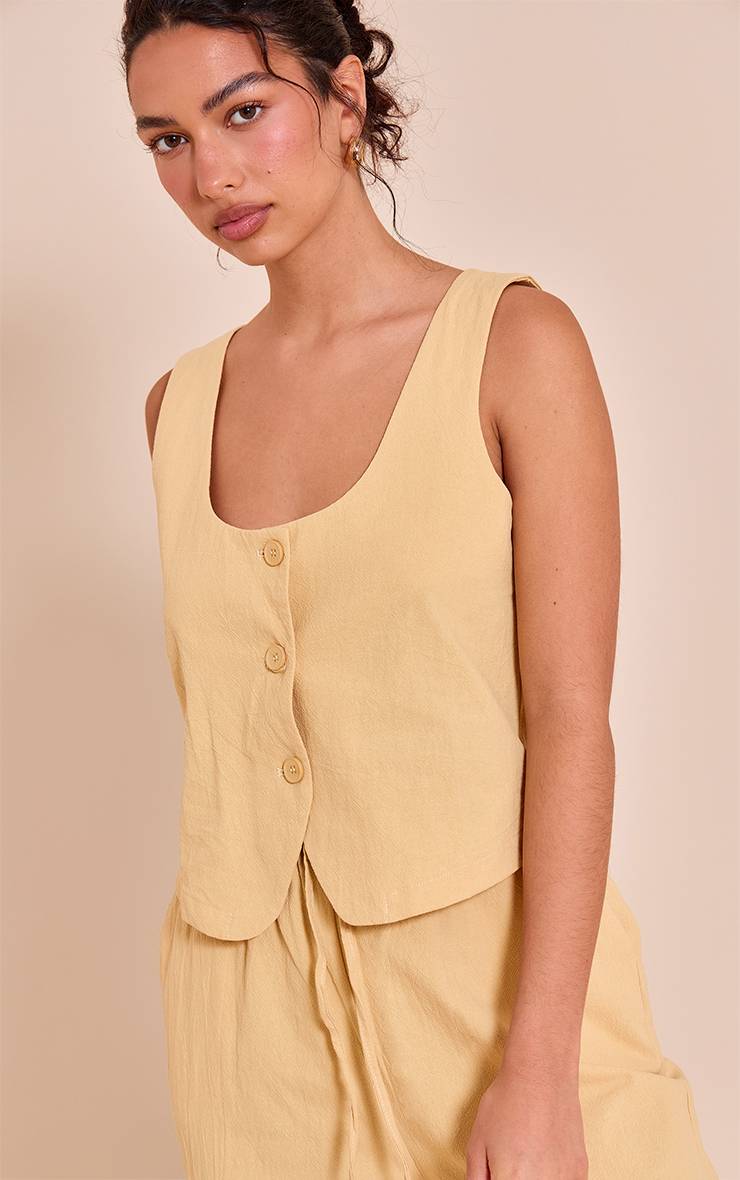 Butter Yellow Gilet Ajusté Col Rond Aspect Lin Sur Mesure