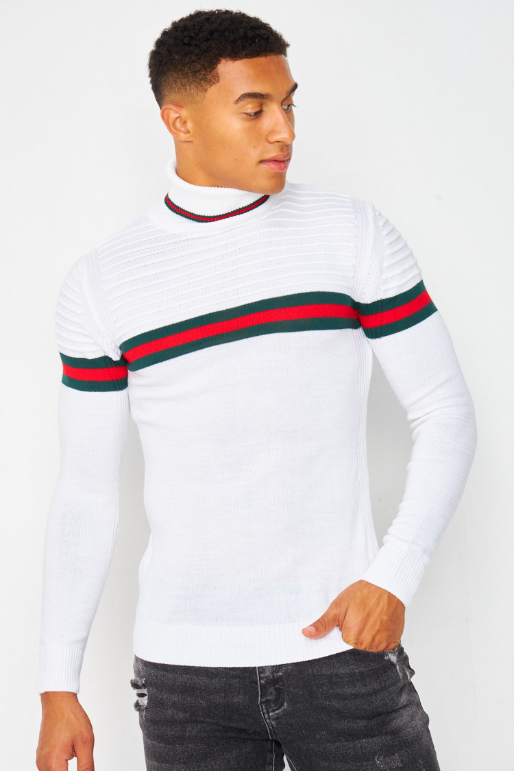 Pull blanc col roulé à bande tricolore