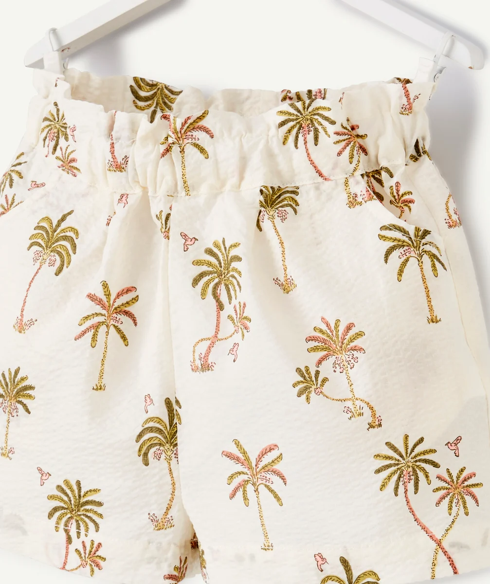 SHORT BÉBÉ FILLE ÉCRU EN COTON GAUFRÉ IMPRIMÉ PALMIERS