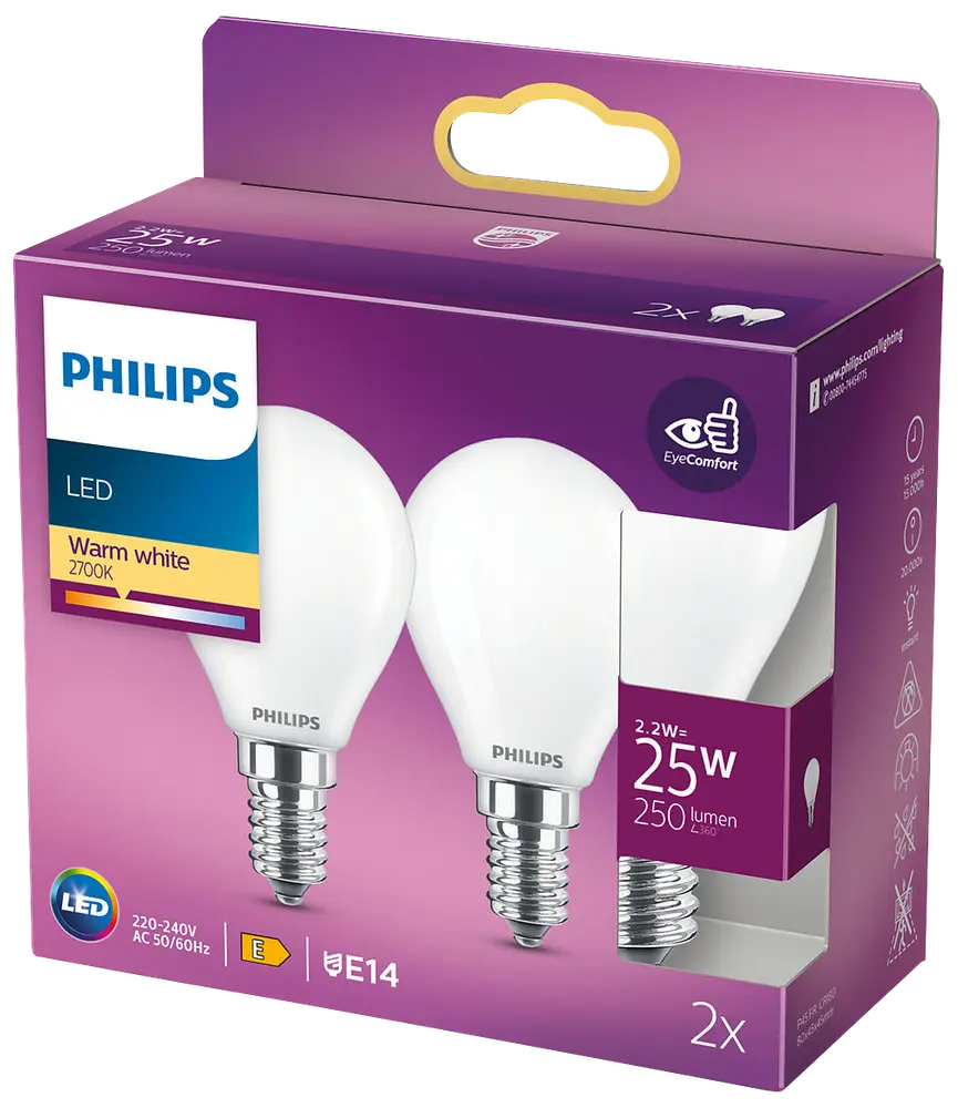 PHILIPS LED-pære 2,2W E14 P45 2-pak