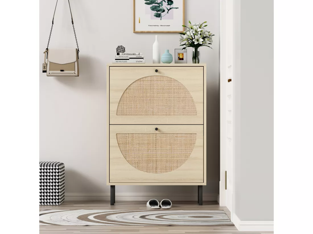 Meuble à Chaussures en Rattan Naturel, 2 Portes, Design Symétrique en Demi-Cercle, Étagères à Double Niveau, Stable et Sécurisé pour Toutes Pièces