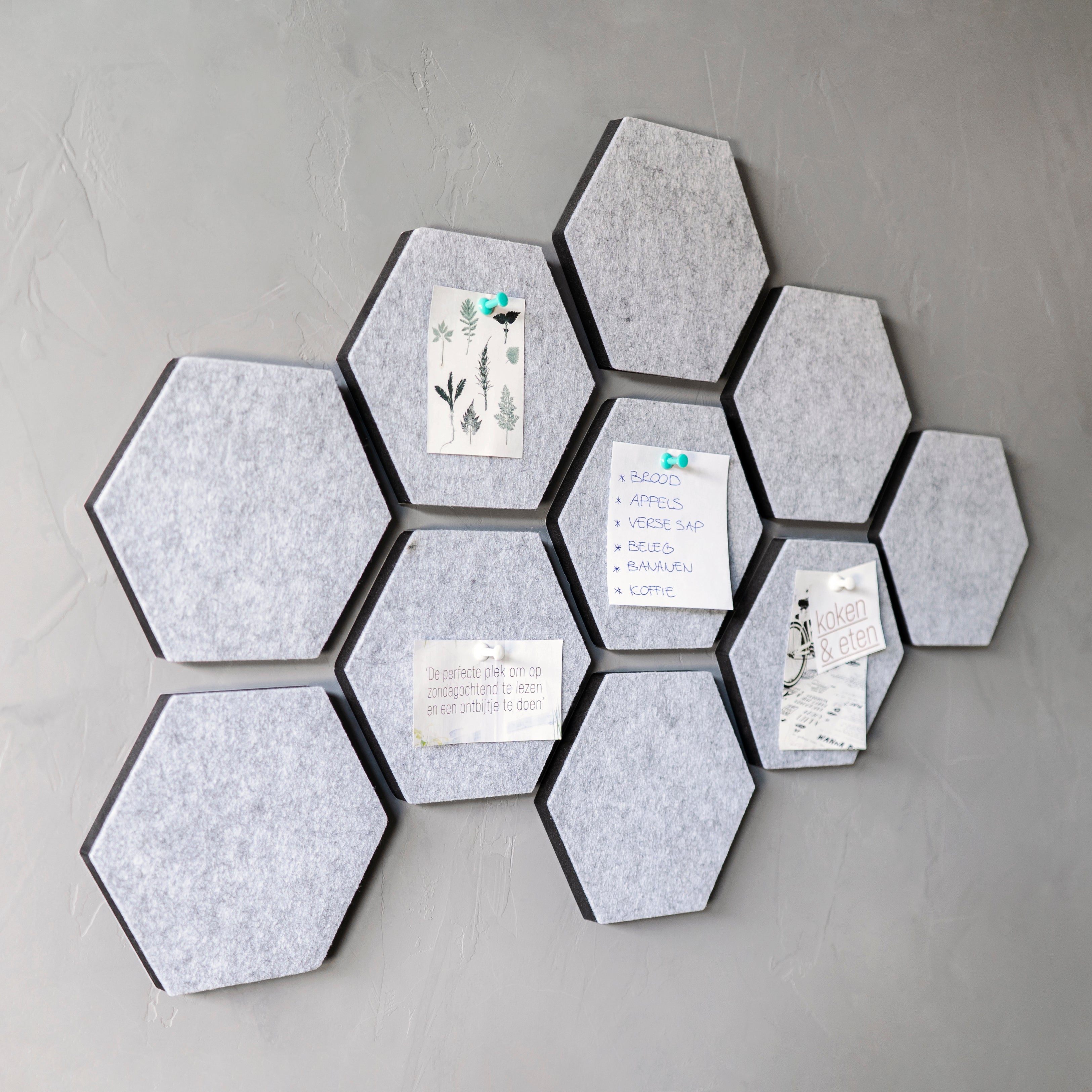 QUVIO Vilten memobord hexagon set van 10 - Grijs