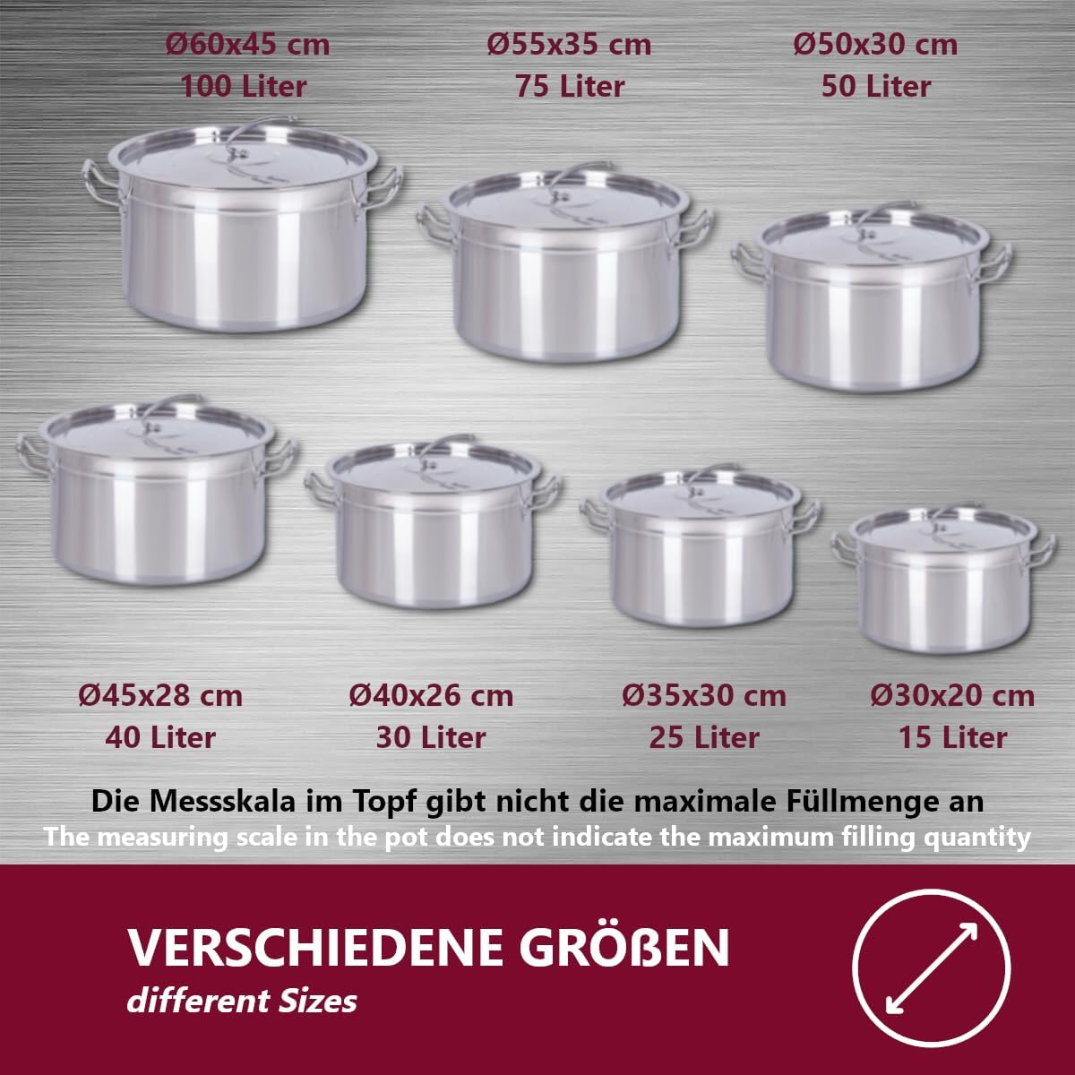 HOOZ Gastronomie Kochtopf Suppentopf - 30 bis 100 Liter Edelstahl Kochtöpfe - ideal geeignet für alle Herdarten & große Küchen - Gastro Topfset (100 L)