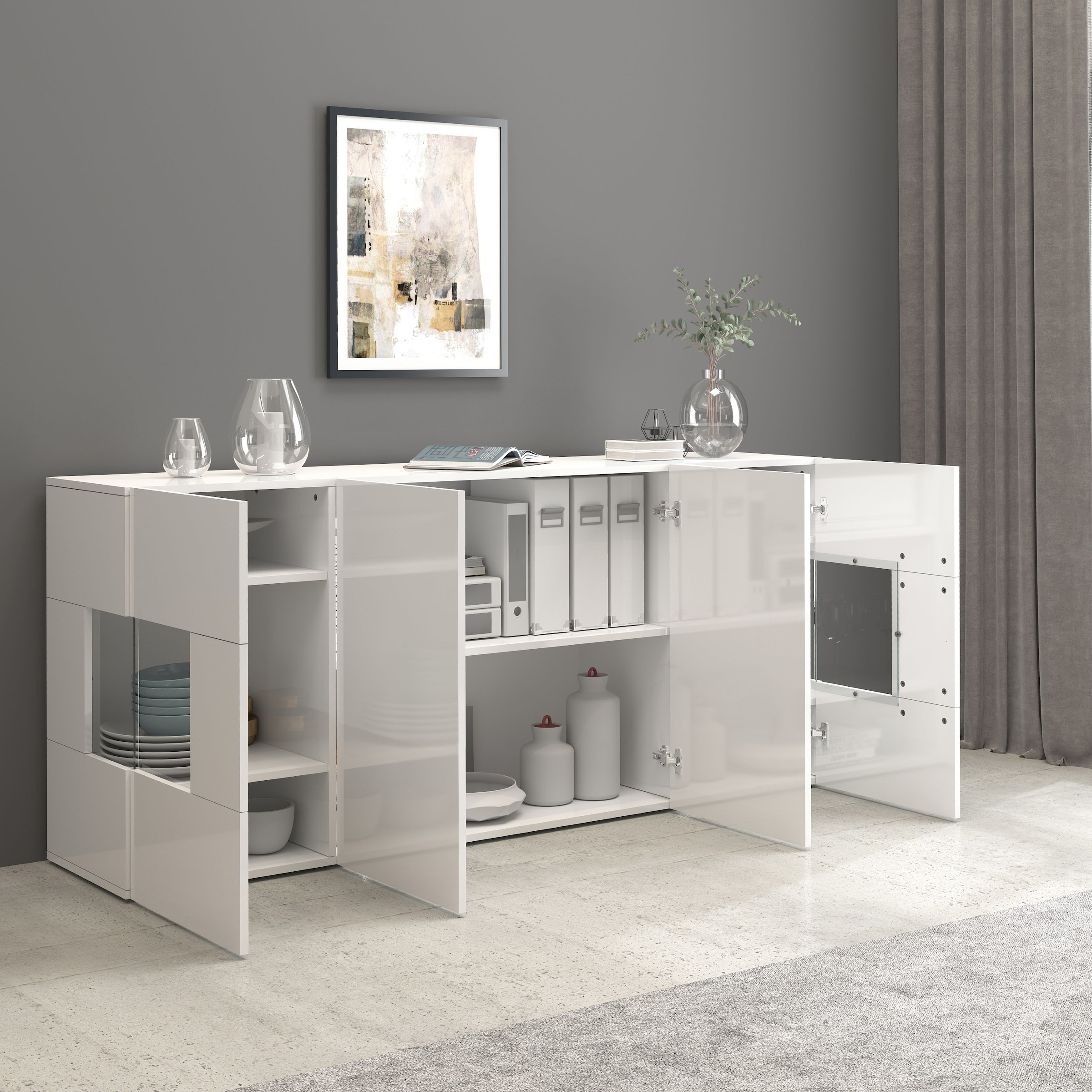 INOSIGN Sideboard »Egypt, Kommode, Schrank, Kredenz, Vitrine grifflos« 4 Türen davon 2 mit Glaseinsatz, kompl. Hochglanz lackiert, Breite 180