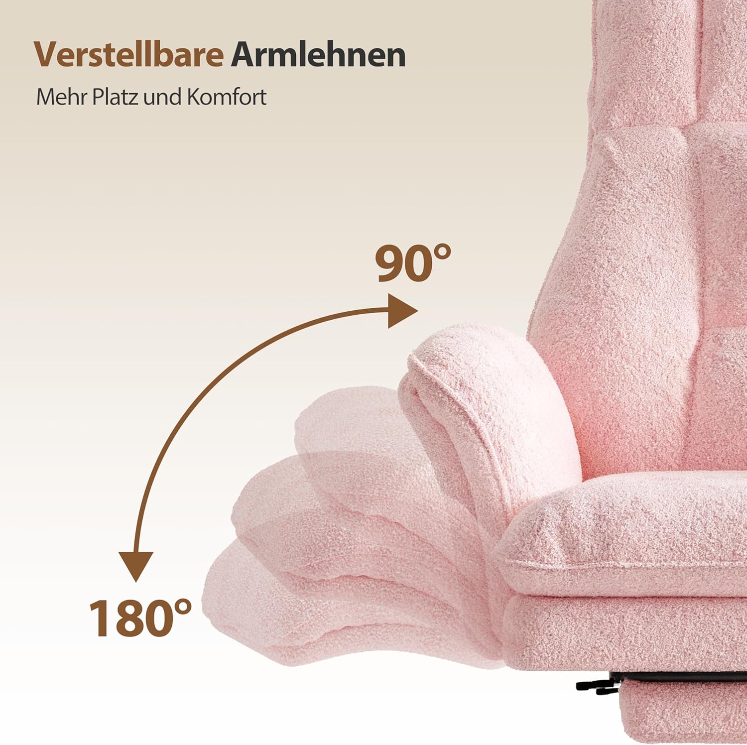 Bürostuhl Chefsessel Ergonomisch, Gaming Stuhl mit Fußstütze & 135° Verstellbarer Rückenlehne, Drehstuhl mit klappbaren Armlehnen, Hochlehner aus Teddy-Fleece Stoff – Rosa