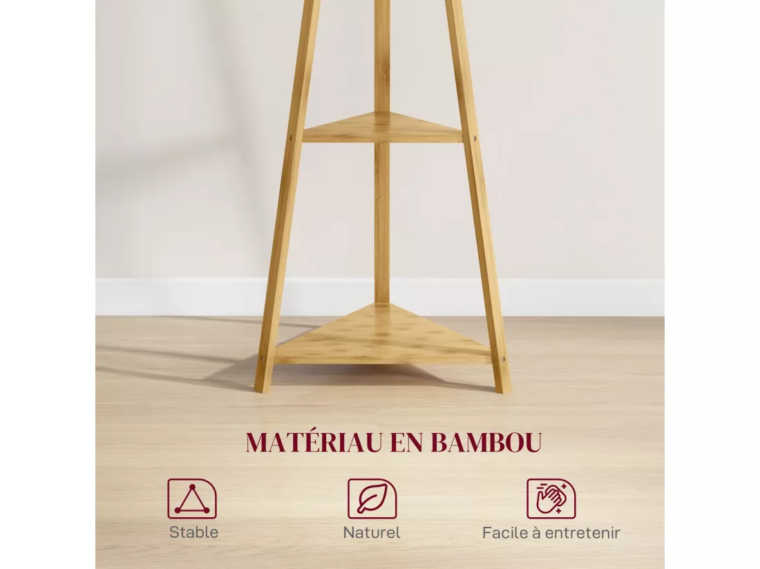 Portemanteau sur pied bois bambou - 8 patères, 3 étagères - dim. 46L x 46l x 175H cm