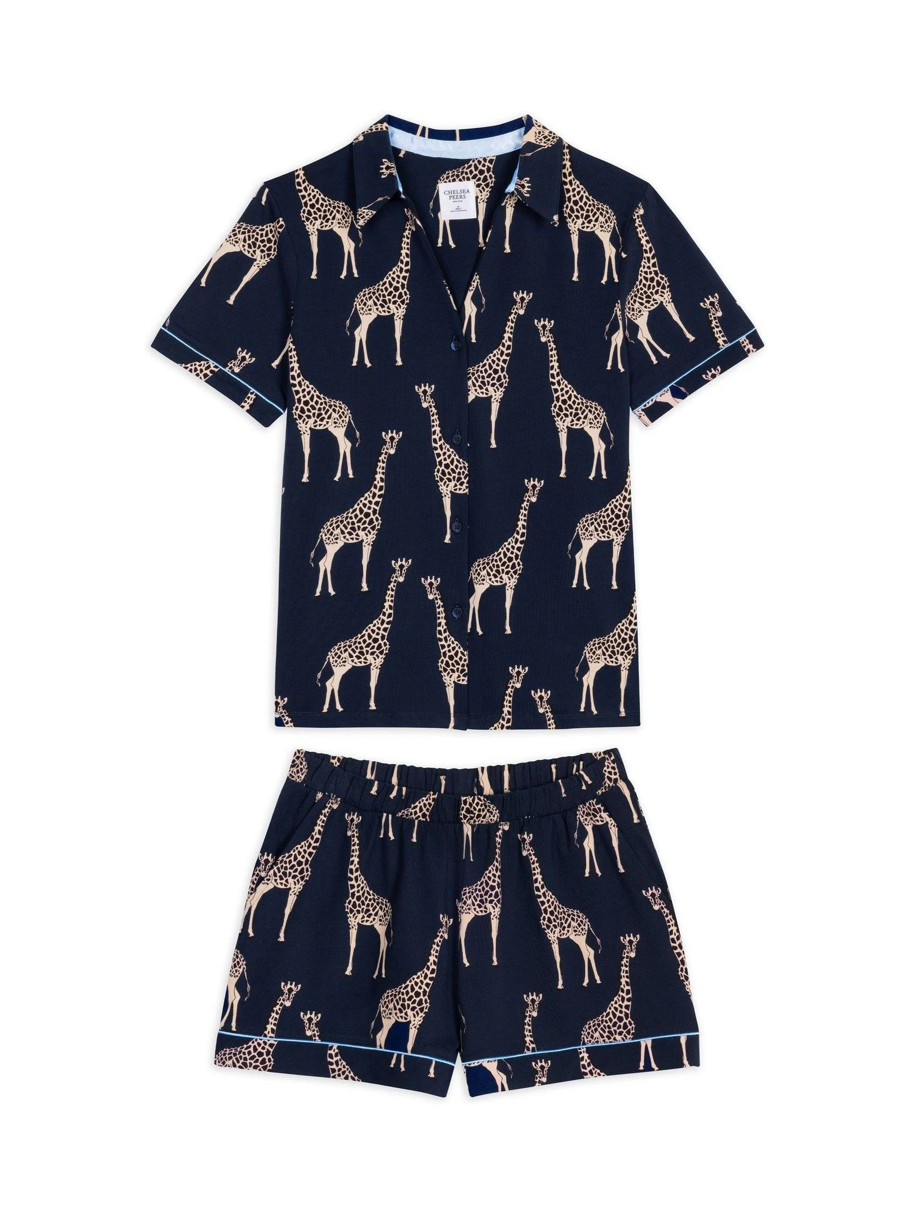 Blauw - Chelsea Peers pyjamaset met korte broek en giraffenprint van katoen
