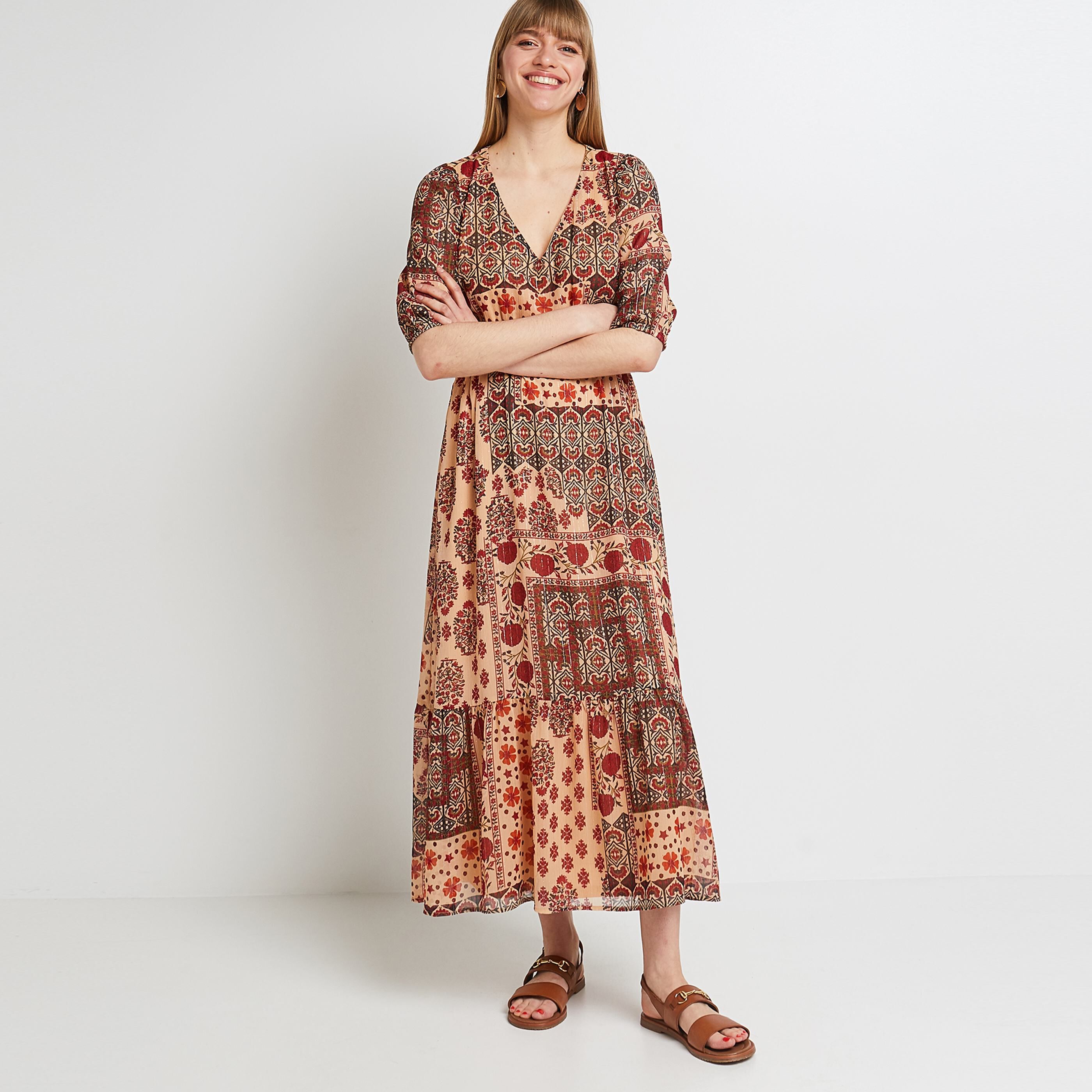 Robe longue imprimée femme - BEIGE