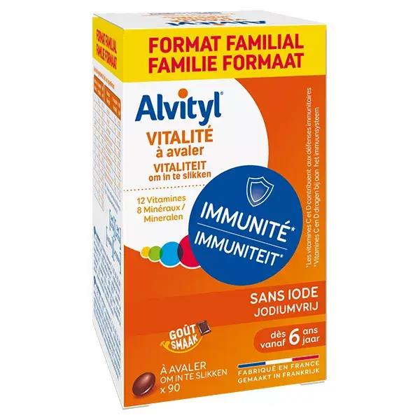 Alvityl Vitality para engolir, 12 vitaminas e 8 minerais, a partir dos 6 anos de idade, 90 comprimidos