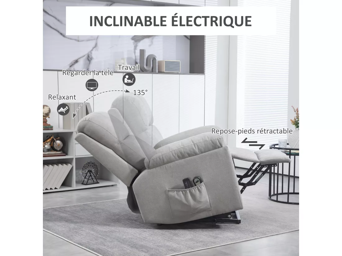 Fauteuil de massage fauteuil releveur électrique inclinaison réglable repose-pied ajustable tissu gris clair