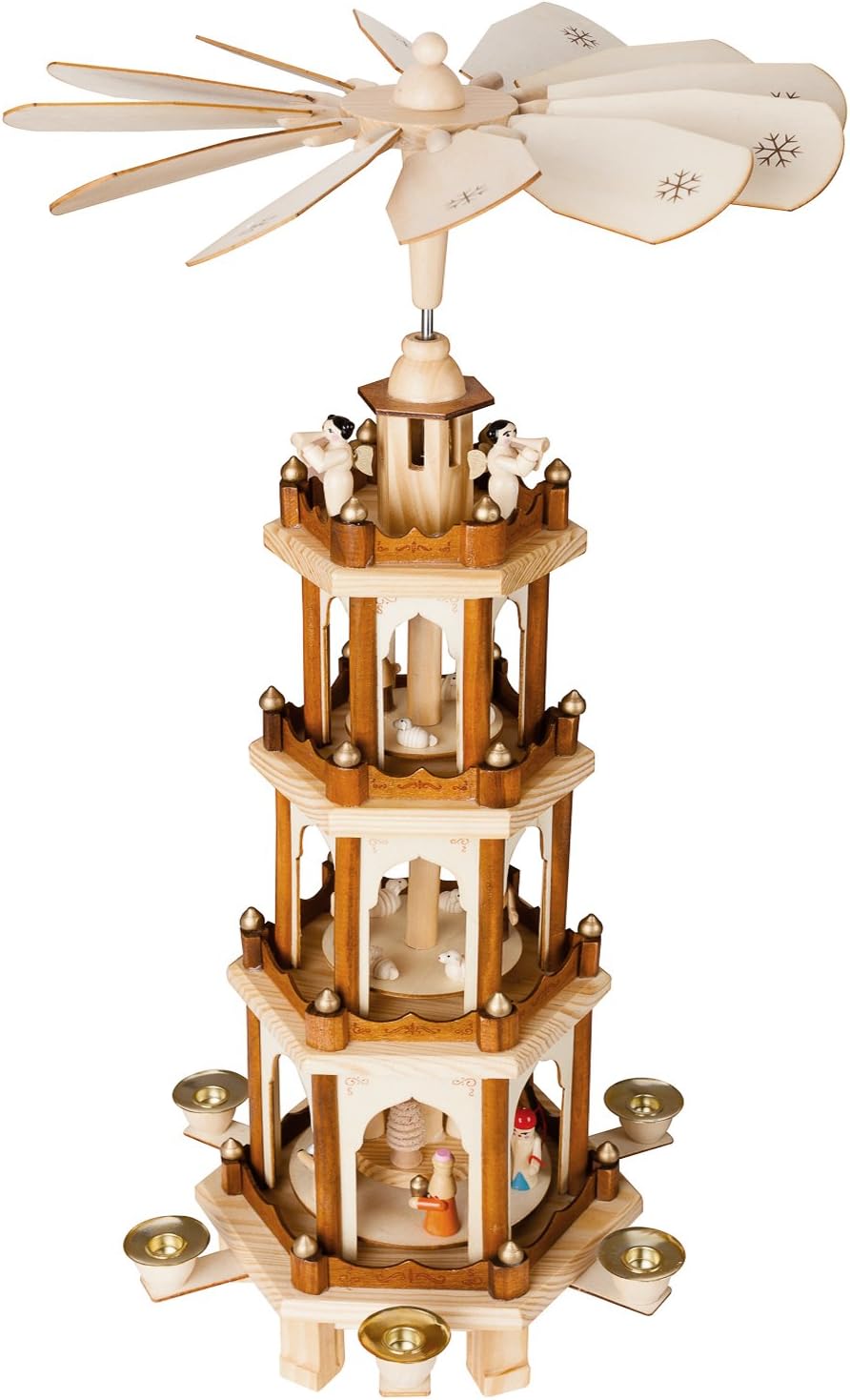 BRUBAKER Weihnachtspyramide inkl. 50er Pack Pyramidenkerzen Weiß - Große 4-stöckige Holzpyramide mit Holz Figuren Handbemalt - 60 cm Pyramide Weihnachten - Drehbare Tischpyramide - Natur
