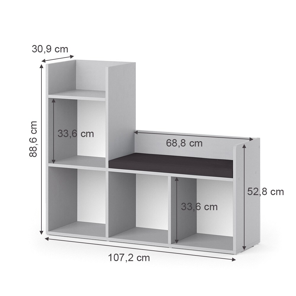 Vicco Bank-Regal Bücherregal Kinderregal Luigi Hellgrau 107x89 cm modern Sitzbank Kinderzimmer Regal Wandregal Spielzeugregal Dekoregal Standregal Aufbewahrung Würfelregal Regal-Bank-Kombi