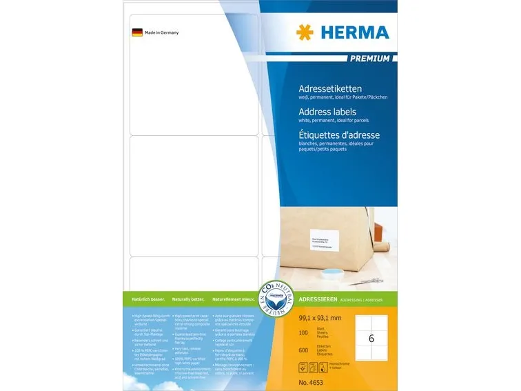 HERMA Premium etiket 93.1 x 99.1 mm mat hvid permanent selvklæbende (pakke á 600 stk.)