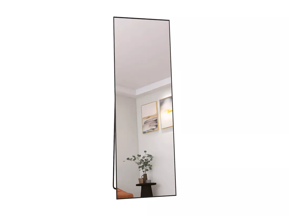 Miroir pleine longueur 162 x 53 cm, sur pied, suspendu ou appuyé, grand miroir de sol avec cadre en alliage d'aluminium noir pour salon ou chambre à coucher, rectangulaire