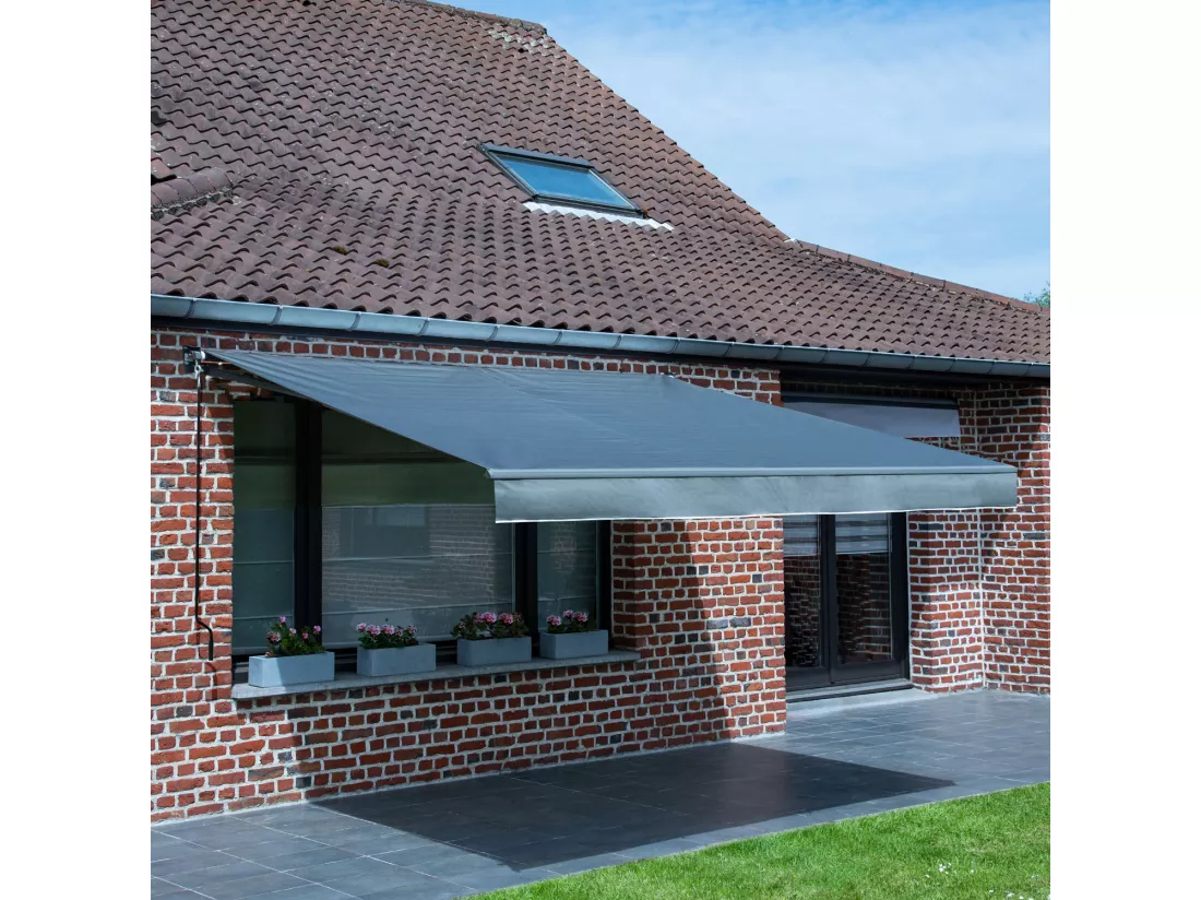 Store banne SAULE 3,95 × 3m - Toile anthracite et structure grise - HAPPY GARDEN