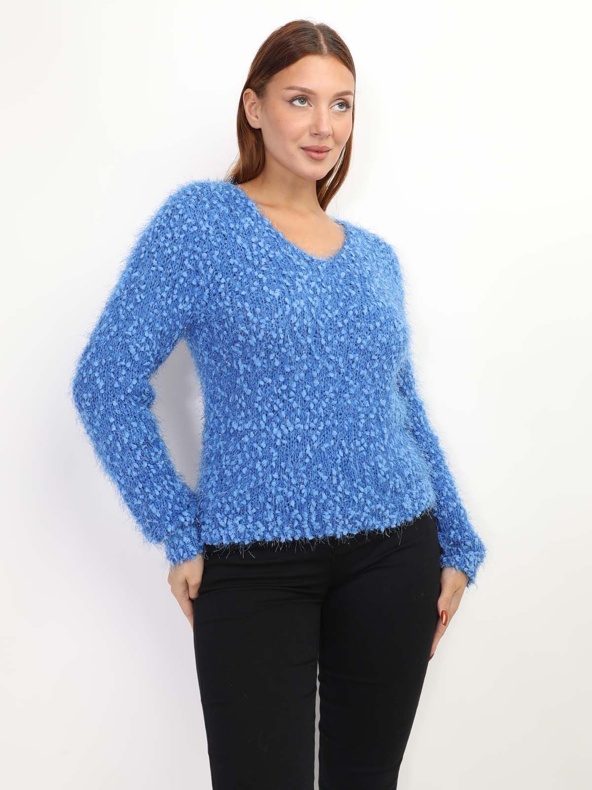 Pull duveteux avec fils brillants- Bleu
