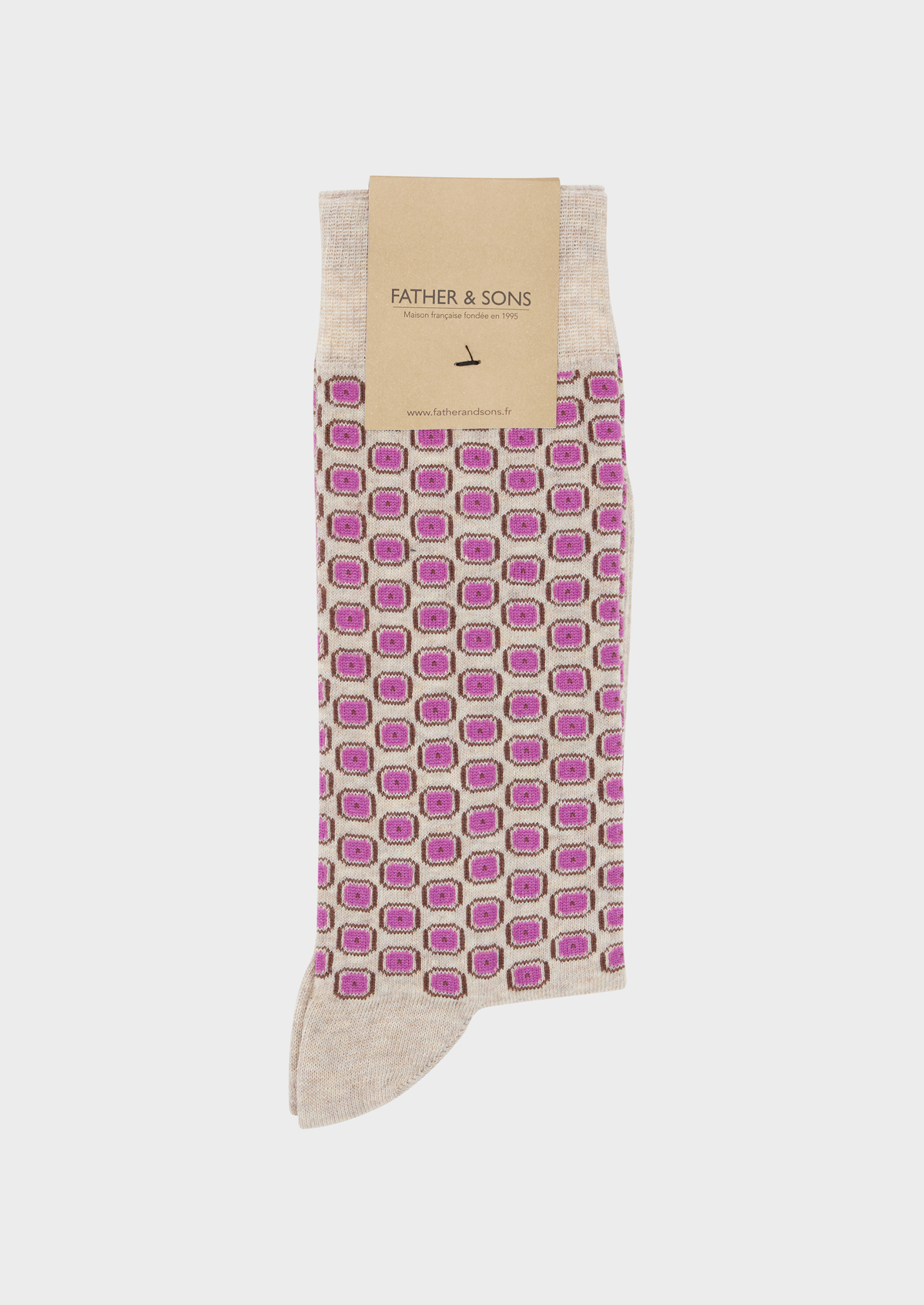 Chaussettes en coton mélangé beige foncé à motifs géométriques rose et marron