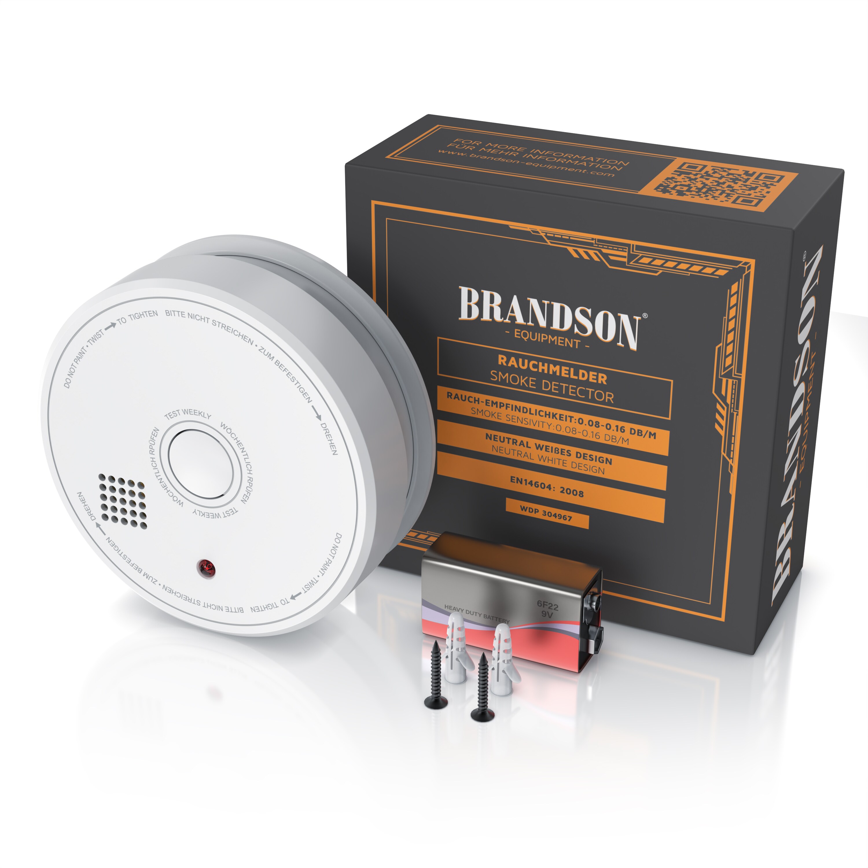 Brandson Rauchmelder 10 Jahre Batterie - 9V Blockbatterie - Smoke Detector - wechselbare Batterie - Gerät wiederverwendbar - DIN EN 14604 2005
