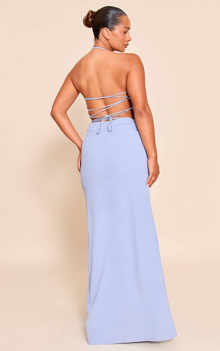 Bleu Robe Longue Shape À Encolure Américaine Drapée En Satin Martelé