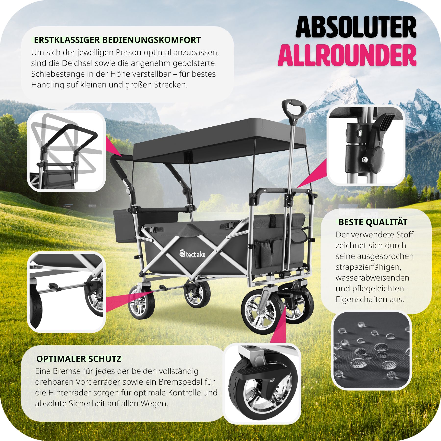 tectake® Bollerwagen, faltbar, mit Dach, abnehmbarer Stoffeinsatz mit 6 Taschen, inklusive Tragetasche, Belastbarkeit 80 kg