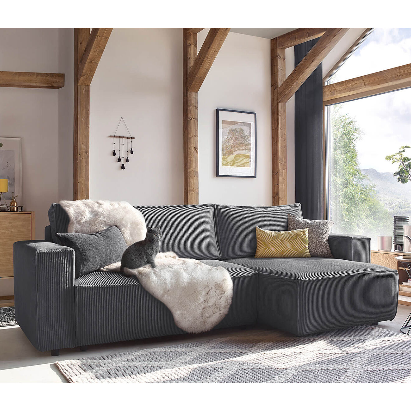 Bobochic Canapé d'angle convertible reversible Nihad en velours côtelé gris foncé - 282x153 cm