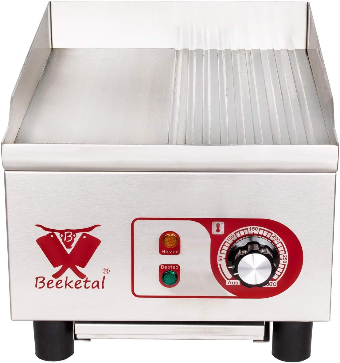 Beeketal 'BHGP-5' Profi Gastro Gusseisen Grillplatte elektrisch mit ca. 270 x 320 mm Grillfläche (glatt & gerillt), stufenlos 50-300 °C (1800W), Elektrogrill mit Spritzschutz und Fett Behälter