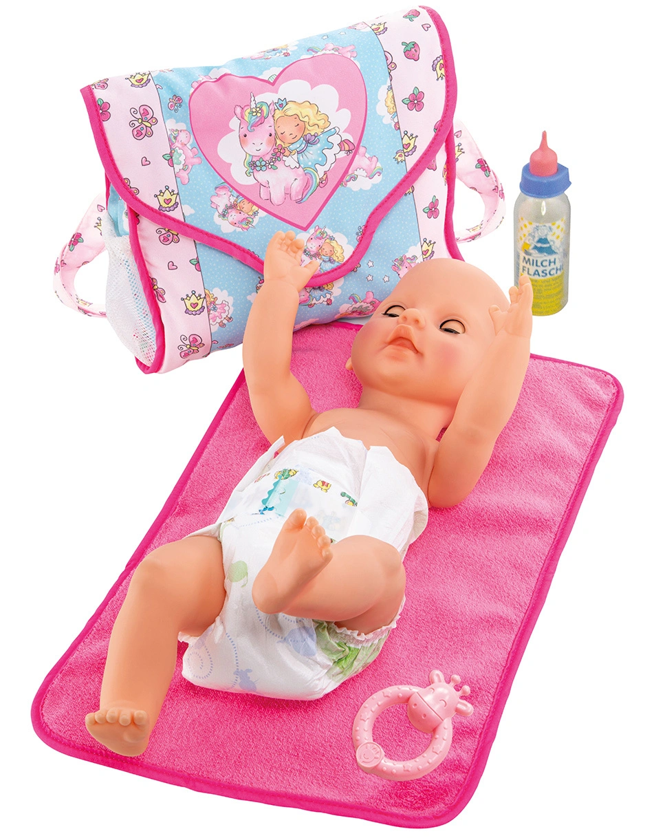 Puppen-Wickeltasche EINHORN EMIL & FEE EMMA mit Zubehör in hellblau/rosa