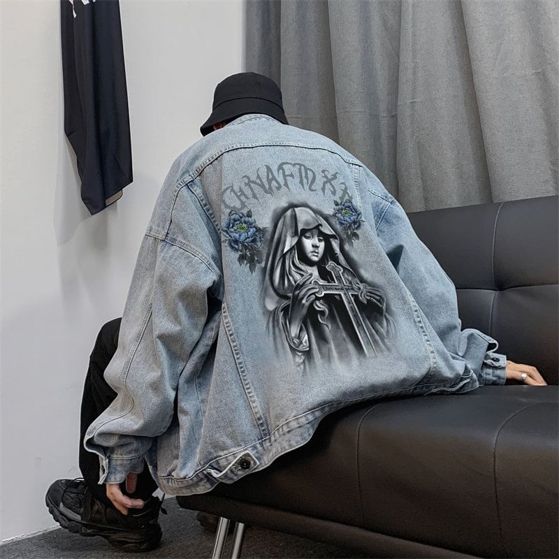 Bay Go Mall - Gewassen denimjack met kraag en kruisprint