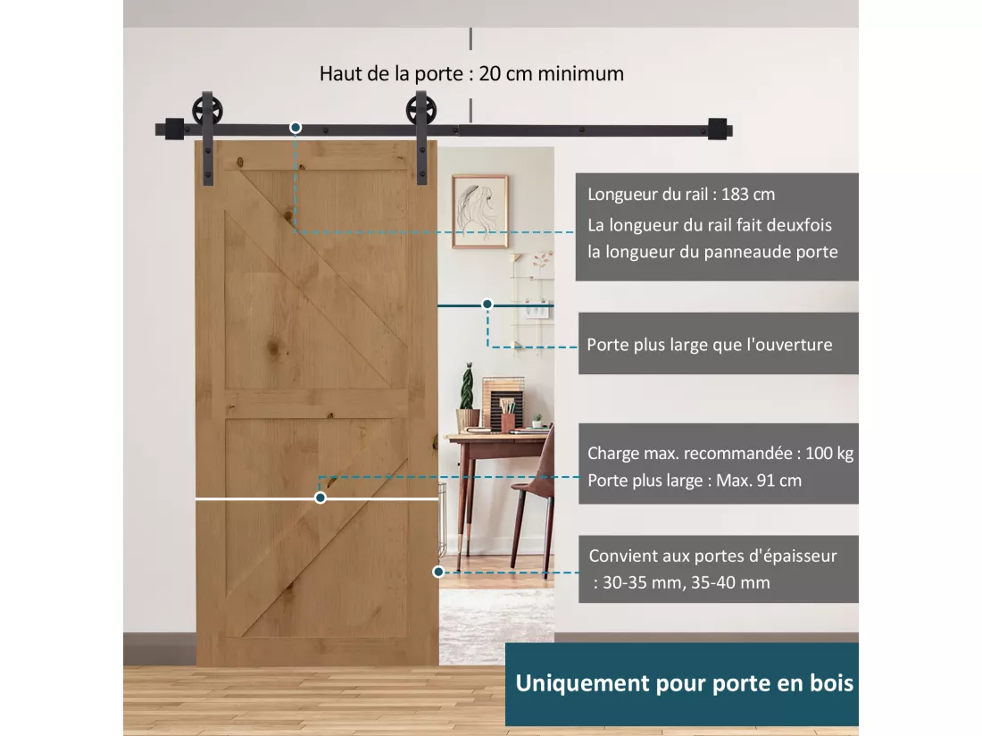 Kit de porte coulissante système galandage pour porte épaisseur 35-45 ou 40-45 mm longueur rail 1,83 m charge max. 100 Kg acier brun