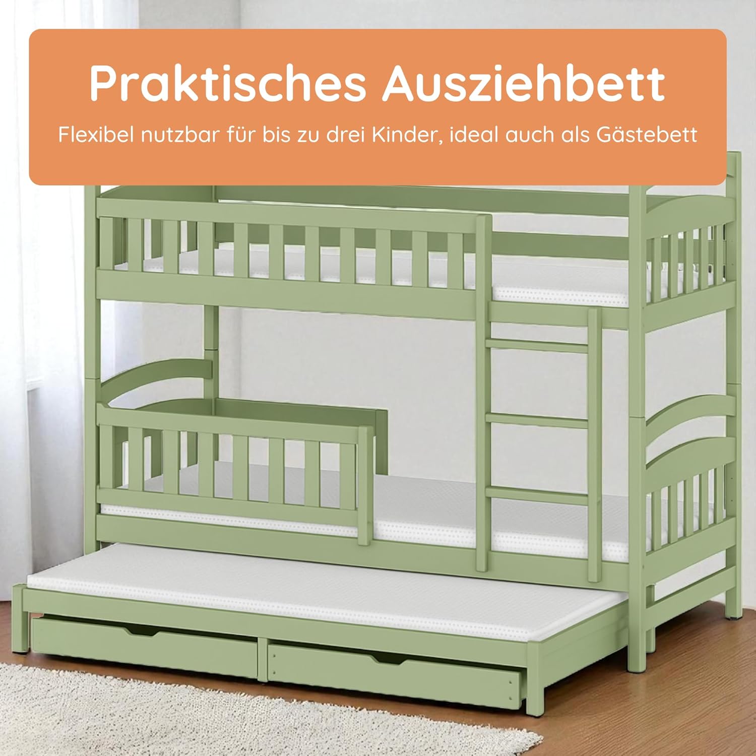 Kids Collective Hochbett 90x200 Etagenbett Kinderbett Jugendbett Stockbett 3 Kinder, zwei Schubladen & Rausfallschutz umbaubar in 3 Einzelbetten | 4. bis 16. Lebensjahr | inkl. Lattenrosten | olivgrün
