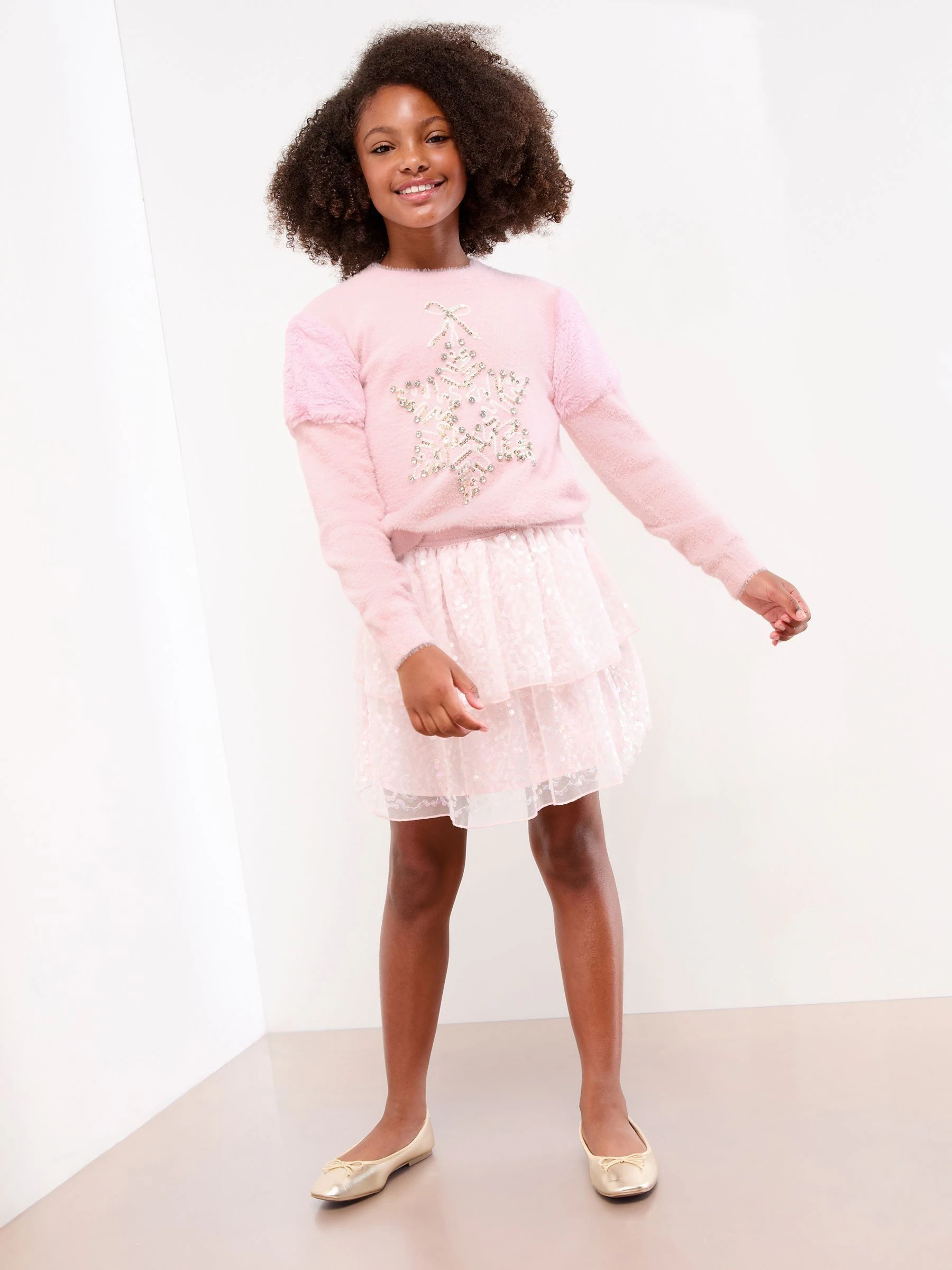 Roze met sneeuwvlokprint - Lipsy - Kersttrui met ronde hals (5-16jaar)