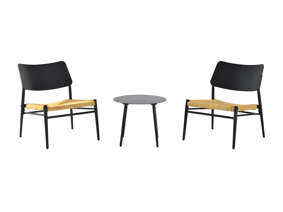 Lot de 2 fauteuils de jardin en aluminium - avec une table basse - tapis en rotin PE - Noir