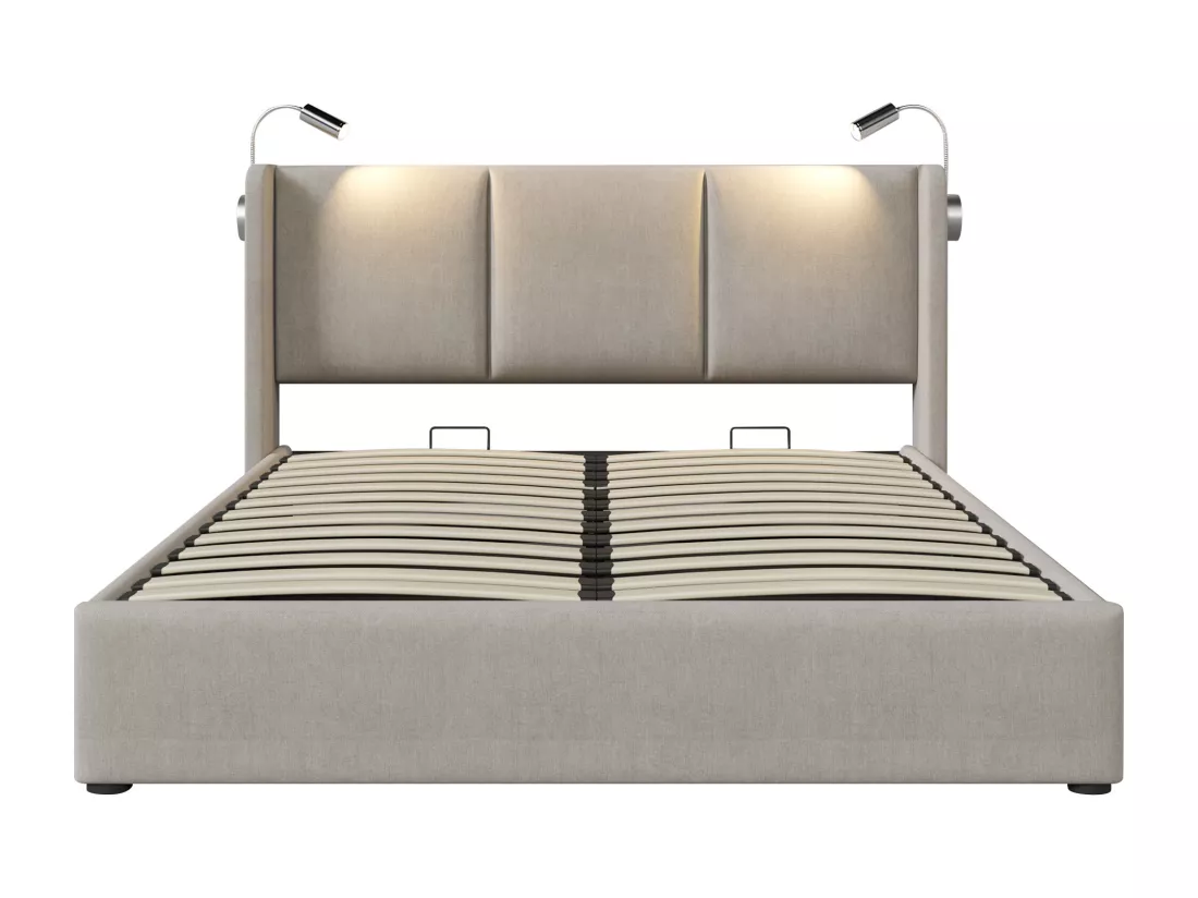 Lit coffre 160x200cm en lin - avec lampes de lecture et Ports de charge USB - avec sommier à lattes - Beige
