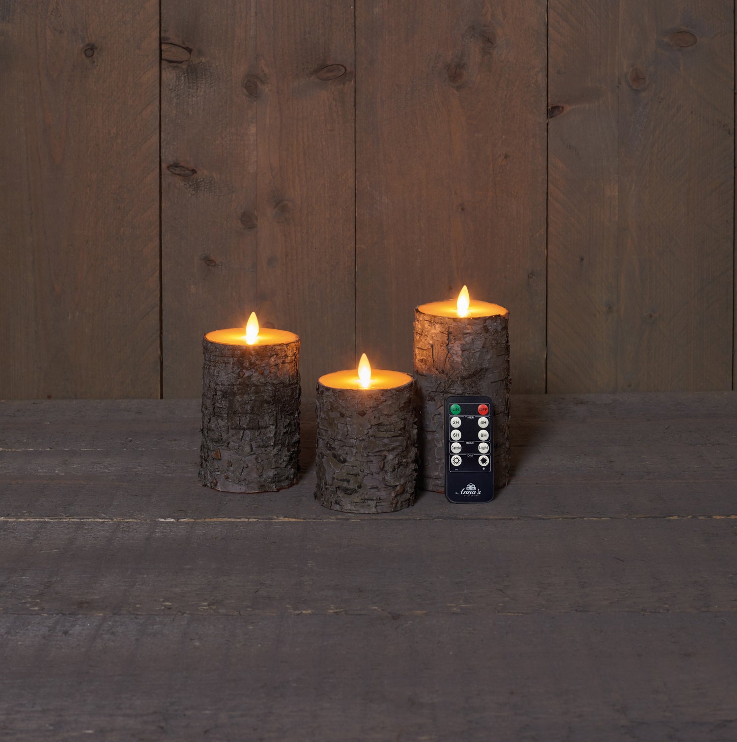 Anna's Collection LED stompkaarsberkenhout structuur bruin D 7,5 H 10 / 12,5 / 15 cm 3 stuks