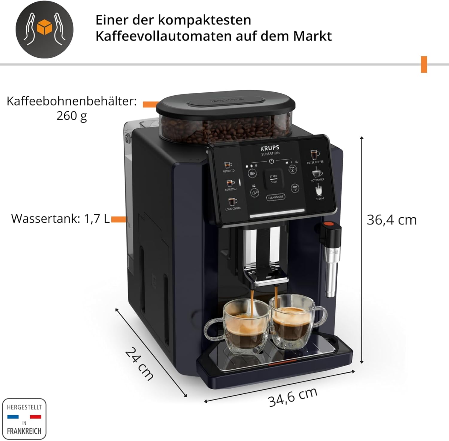 Krups Sensation Kaffeevollautomat mit Milchschaumdüse, Kaffeemaschine für Espresso, Cappuccino & Latte Macchiato, gemacht für Bohnenkaffee & Filterkaffee, bis zu 5 Kaffeegetränke und 2-Tassen-Funktion