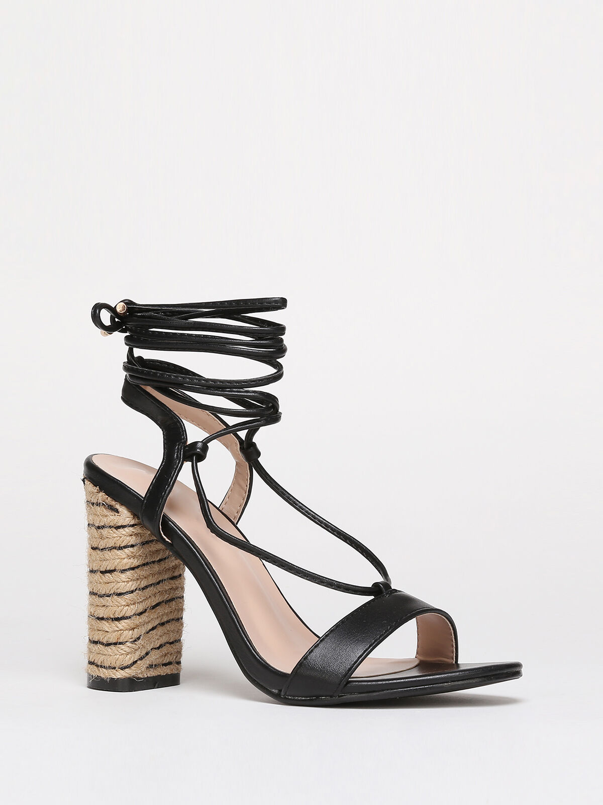 Sandales à talon cordage avec laçage- Noir