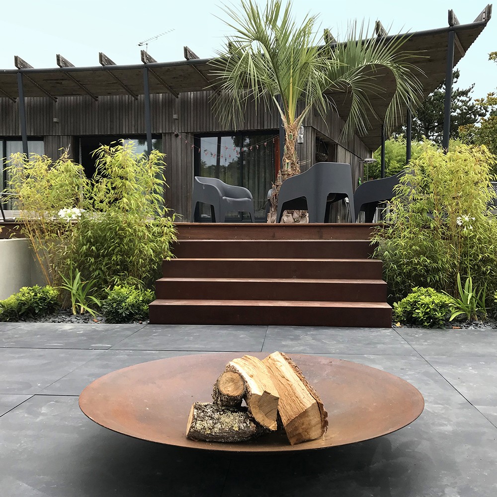 Brasero keyo ø120 cm - acier corten - chauffage exterieur - feu de bois - effet rouille - h : 21 cm - resistance au gel