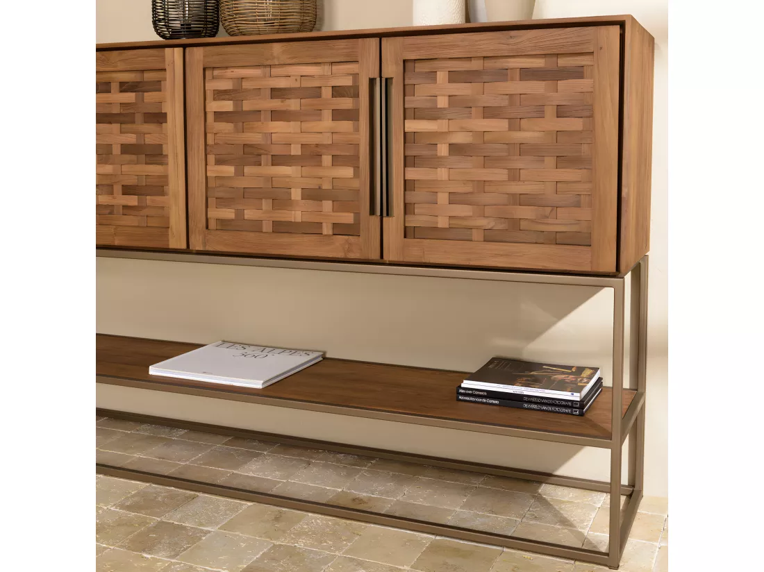 ALIDA - Buffet en bois de teck recyclé 4 portes en tissage de bambou