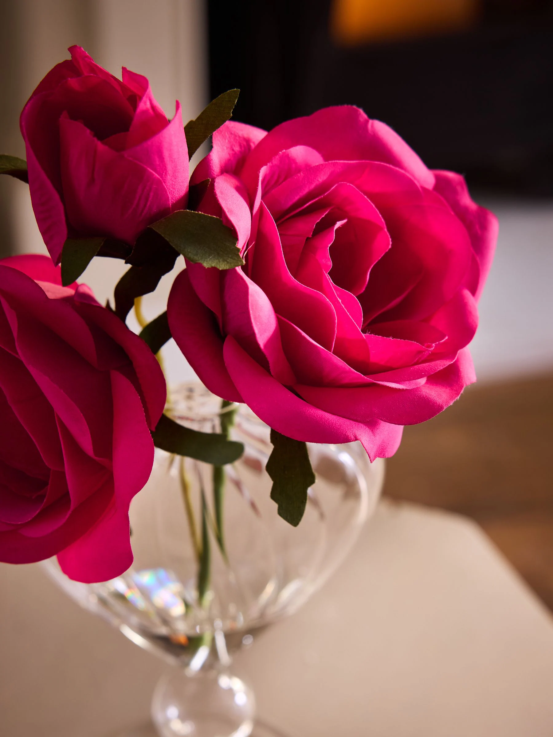 Artificial Roses in Ribbed Heart Glass Vase