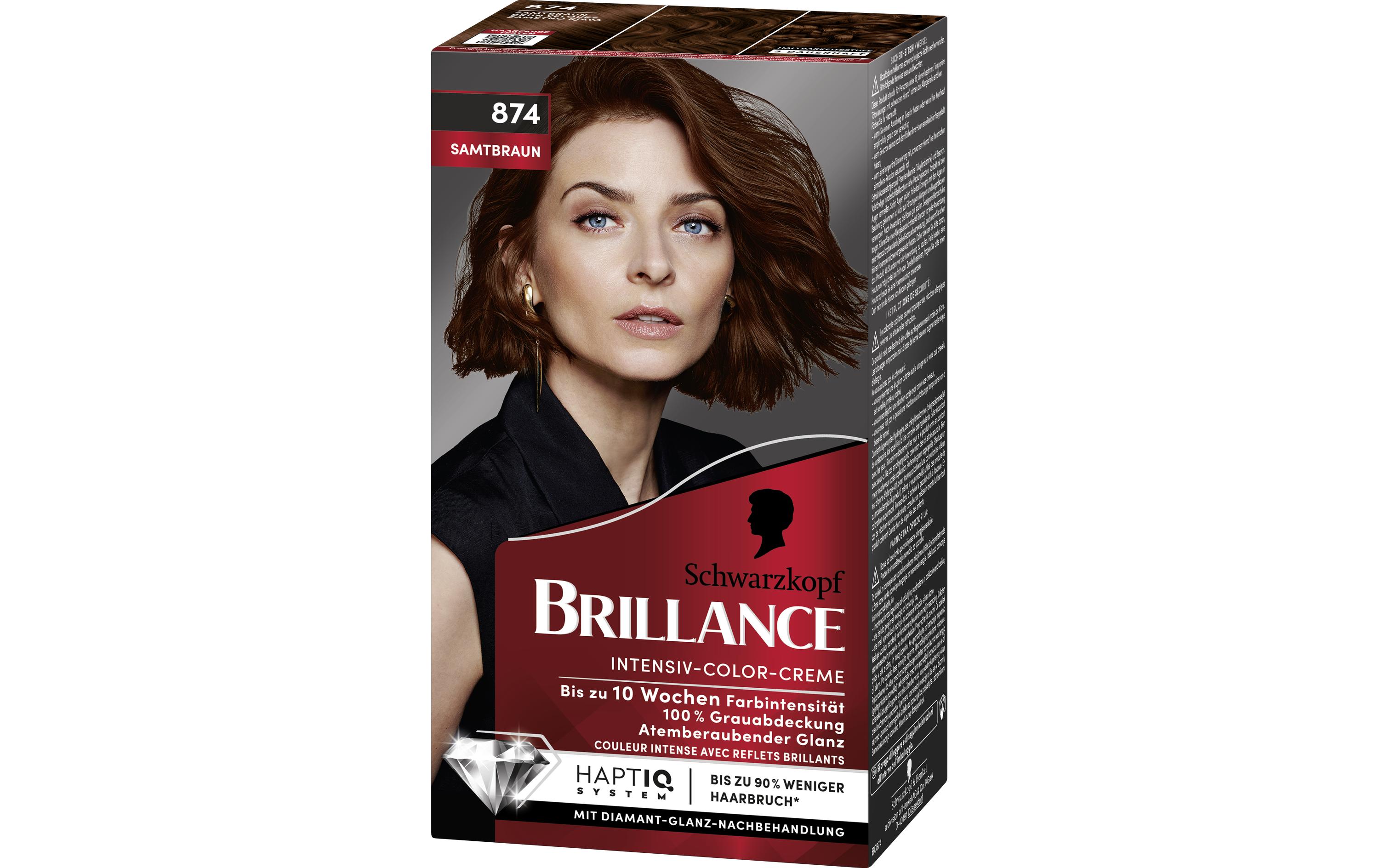 Haarcoloration 874 SamtbraunAtemberaubende, intensive Haarfarbe für langanhaltende Farbintensität bis zu 10 Wochen