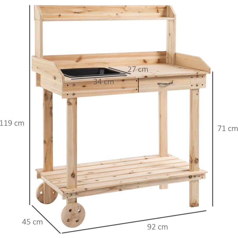 Outsunny Gärtnertisch mit Waschbecken und Rollen holz