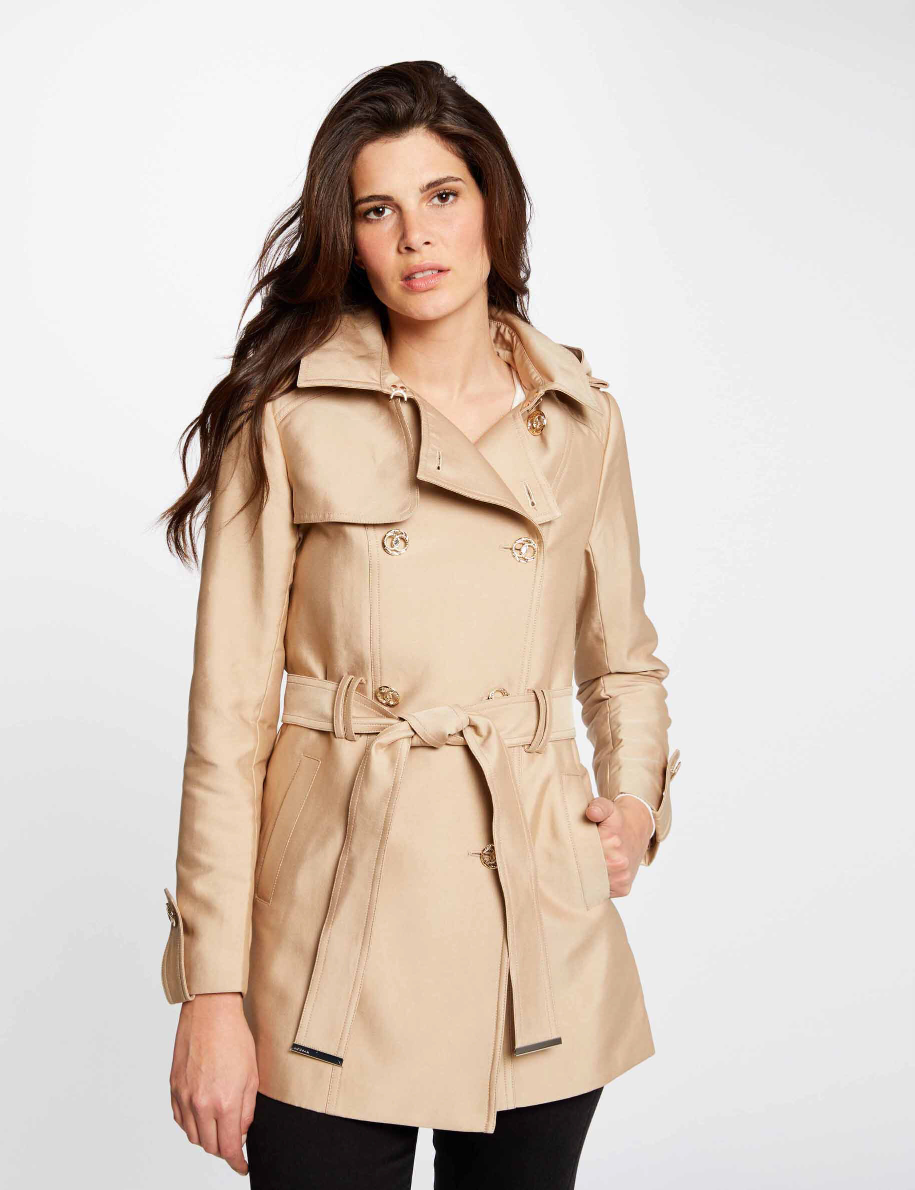 Trench droit ceinturé à capuche camel femme - camel