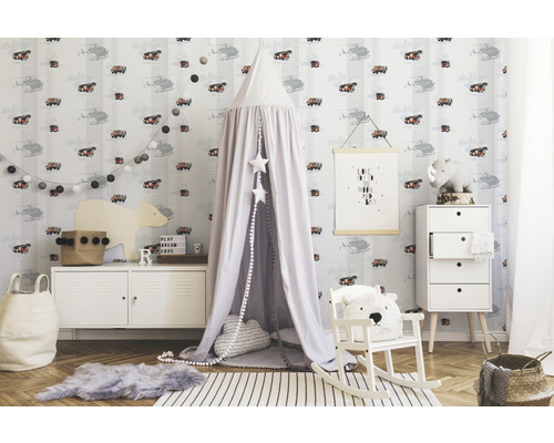 Vliesbehang 35813-1 Little Stars vrachtwagen helikopter grijs