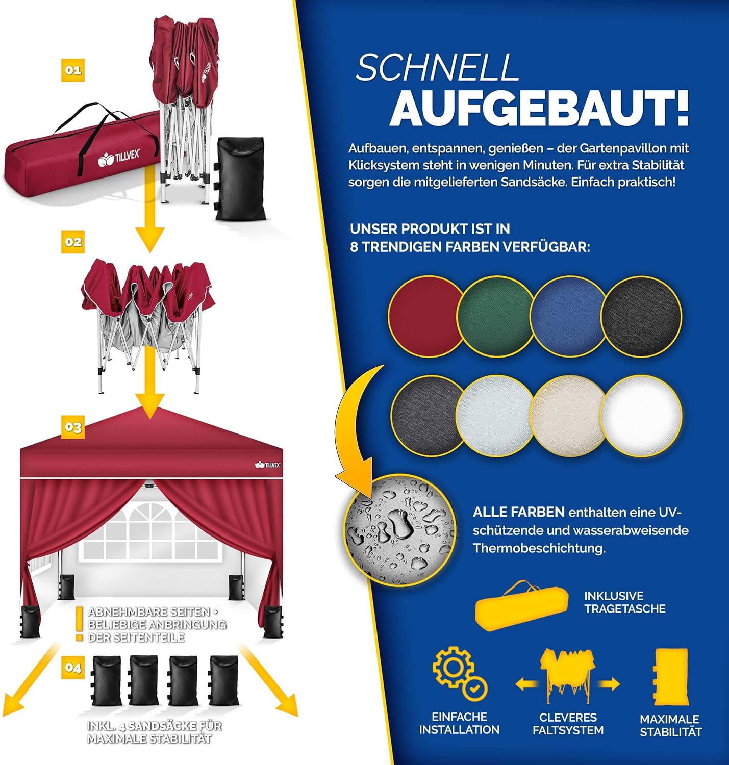 tillvex Pavillon 3x3m wasserdicht mit 4 Seitenteilen + 4er Set Sandsäcke | Pop-Up Faltpavillon stabil & höhenverstellbar | Gartenzelt UV Schutz 50+ | Partyzelt mit Tasche für Garten, Rot