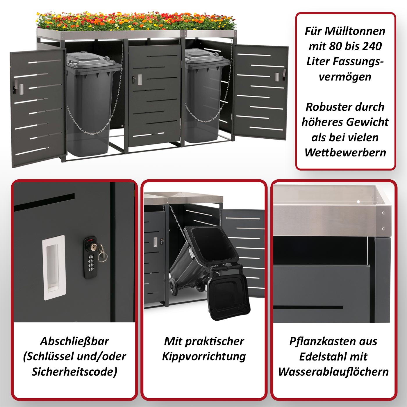 3er-Mülltonnenverkleidung MCW-H40, Mülltonnenbox, Pflanzkasten Edelstahl-Metall-Kombi 78kg 125x198x84cm erweiterbar