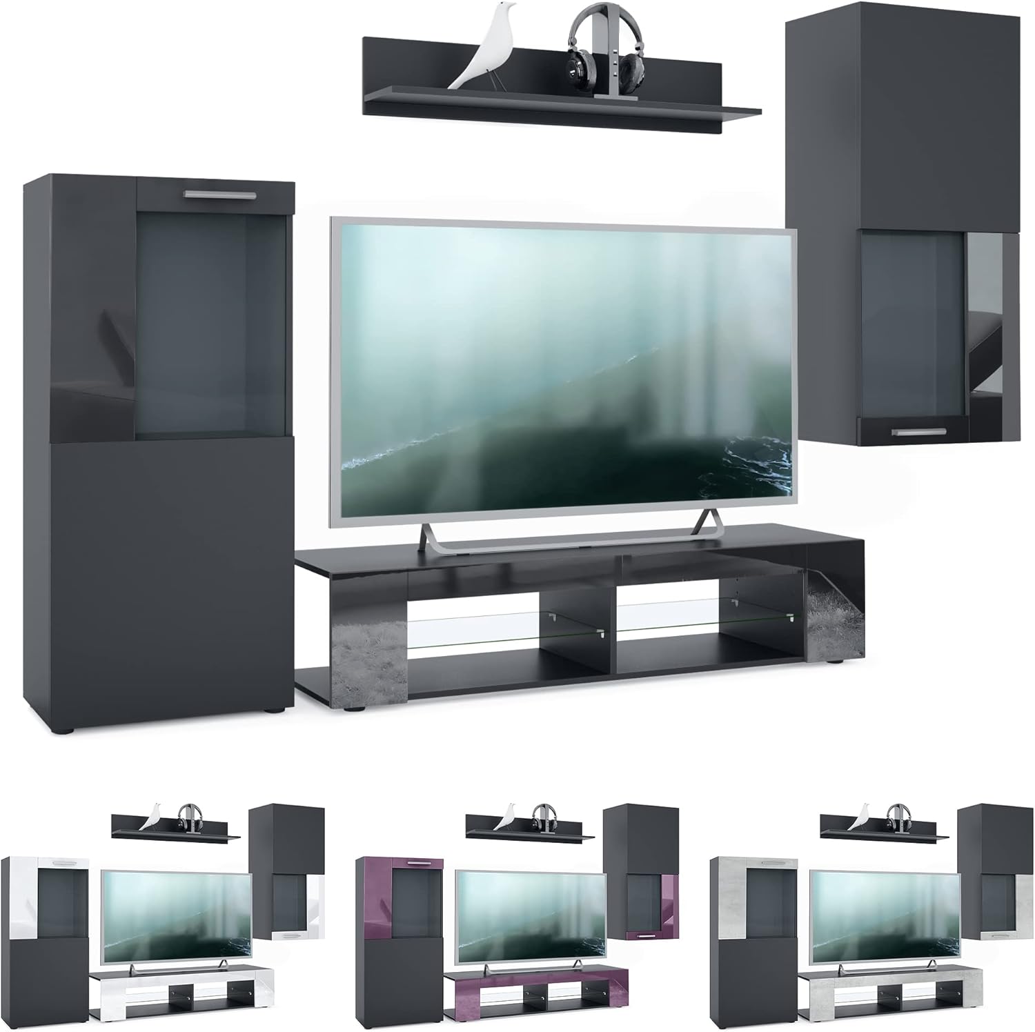 Vladon Wohnwand Movie, Anbauwand bestehend aus 1 TV-Board, 2 Vitrinen und 1 Regal, Schwarz matt/Schwarz matt/Avola-Anthrazit (Gesamt: 300 x 190 x 39 cm)
