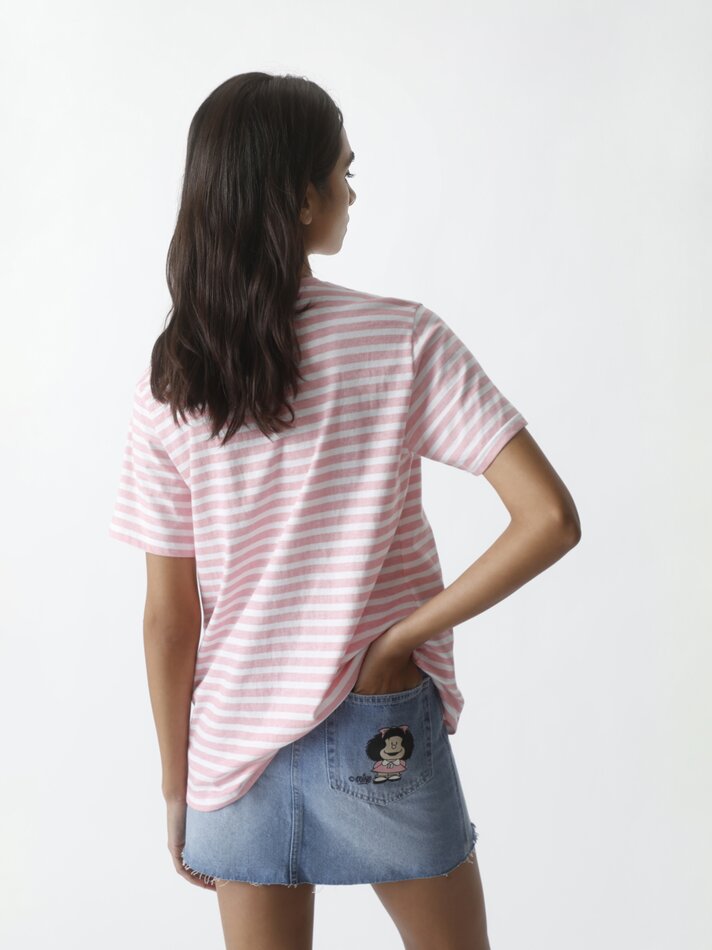 Camiseta listrada Mafalda - Rosa/Branca