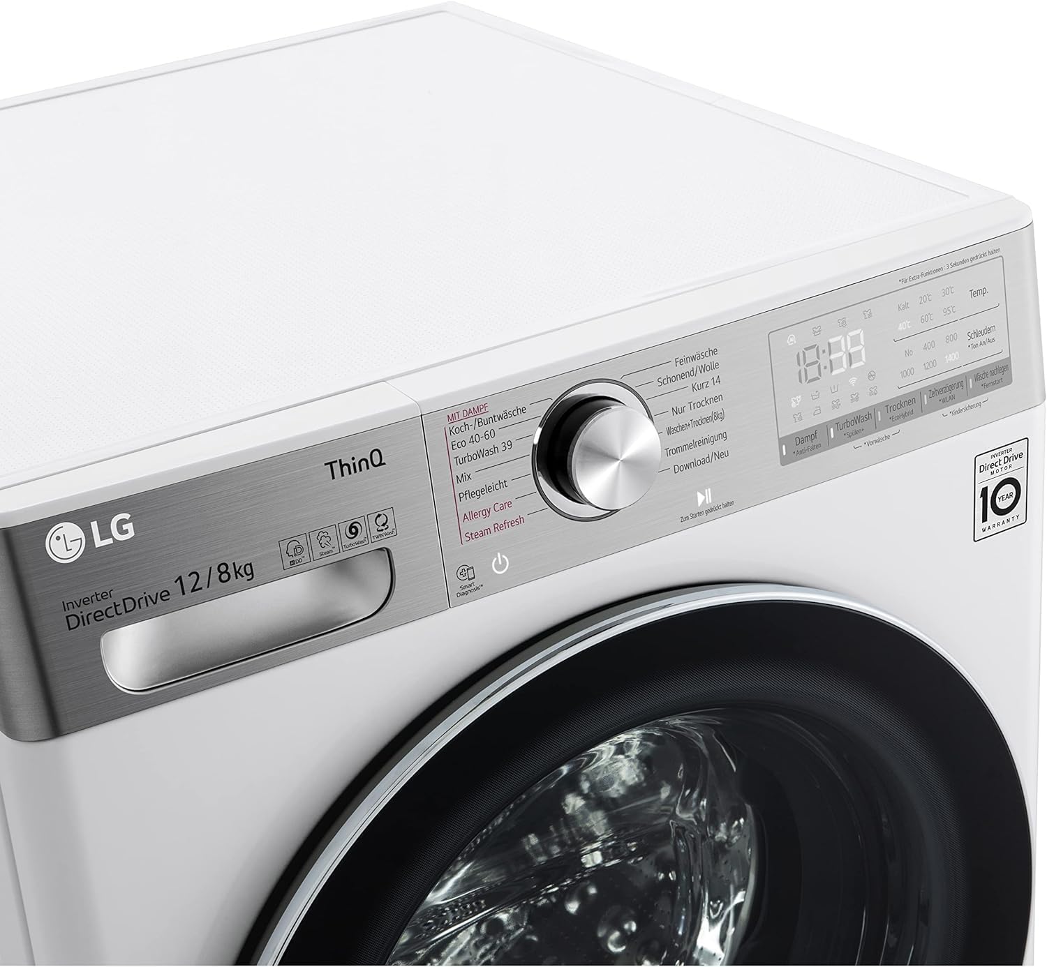 LG Electronics V9WD128H2 Waschtrockner mit AI DD | 12 kg Waschen | 8 kg Trocknen | 1400 U/min | Steam, Weiß