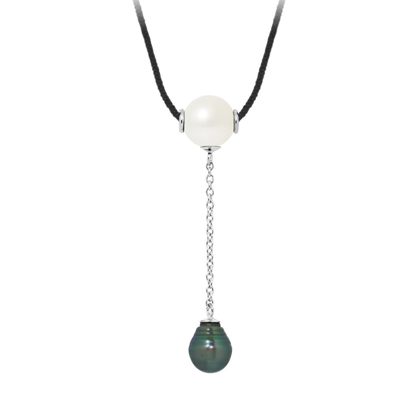 Collier Femme en Coton noir, Perle de Tahiti et Perle de Culture et Argent Massif 925